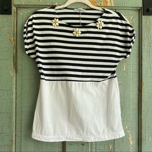 Zara Trafalic White Black Striped Floral Appliqué Cotton Sleeveless Top